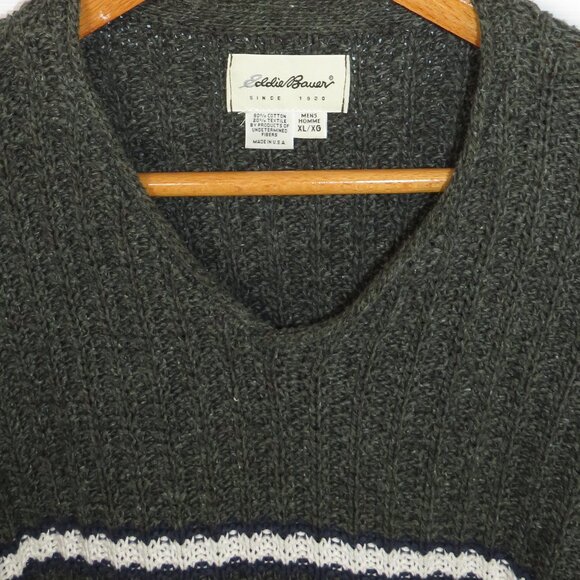 Vintage Eddie Bauer Chunky Knit V-Neck Sweater Stripe Mens XL Made in USA - Picture 3 of 4